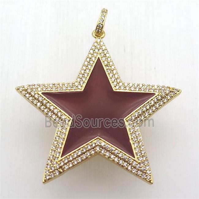 copper star pendant paved zircon, red enameling, gold plated