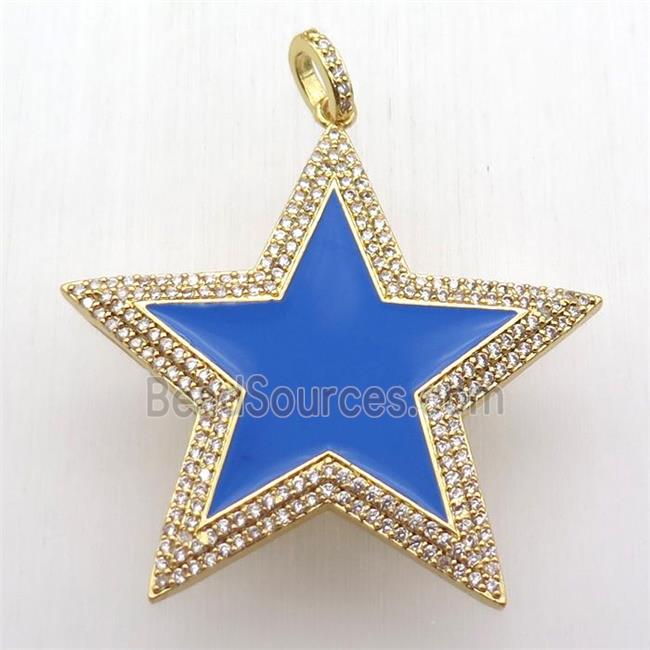 copper star pendant paved zircon, blue enameling, gold plated