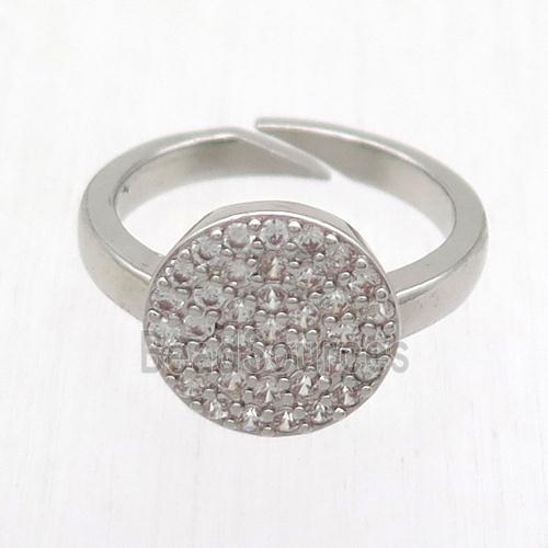 copper Ring paved zircon, resizable, circle, platinum plated