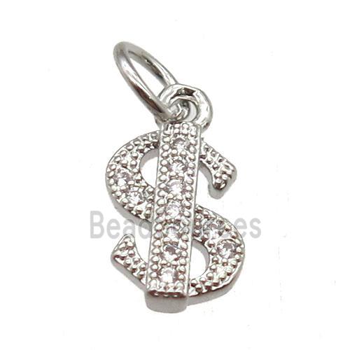 copper dollar-sign pendant paved zircon, platinum plated