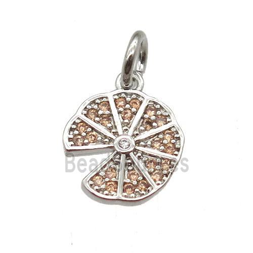 copper pizza pendant paved zircon, platinum plated