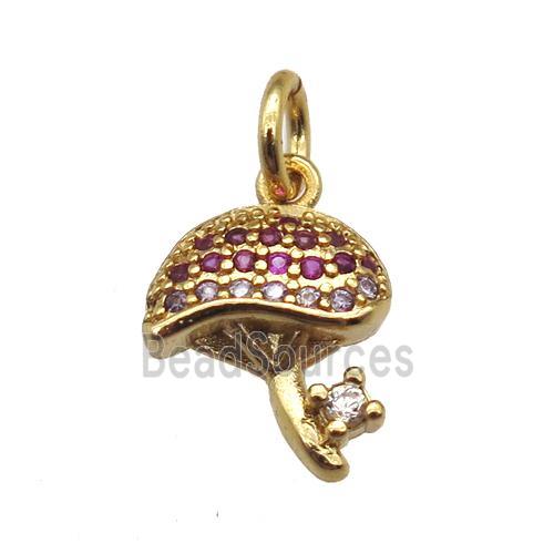 copper Mushrooms pendant paved zircon, gold plated