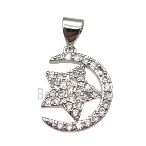 copper moon star pendant paved zircon, platinum plated