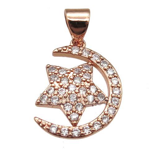 copper moon star pendant paved zircon, rose gold