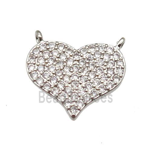 copper heart pendant paved zircon with 2loops, platinum plated