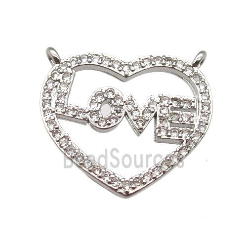 copper LOVE heart pendant paved zircon with 2loops, platinum plated