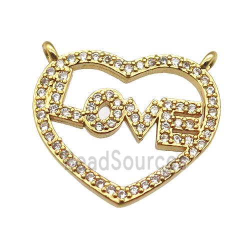 copper LOVE heart pendant paved zircon with 2loops, gold plated