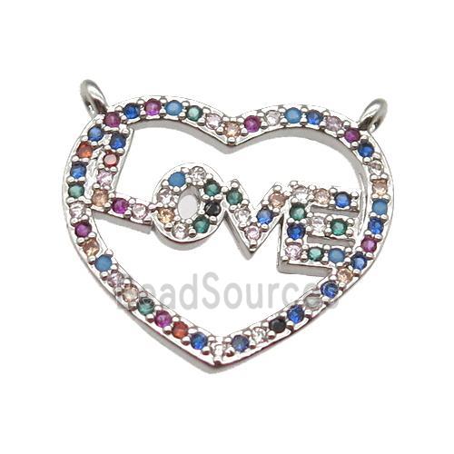 copper LOVE heart pendant paved zircon with 2loops, platinum plated