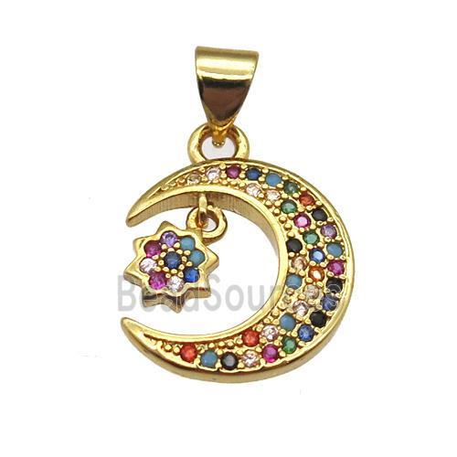 copper moon pendant pave zircon, gold plated