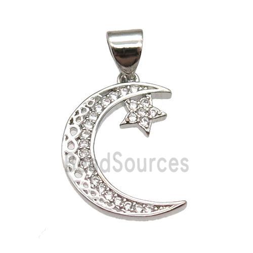 copper moon pendant pave zircon, platinum plated