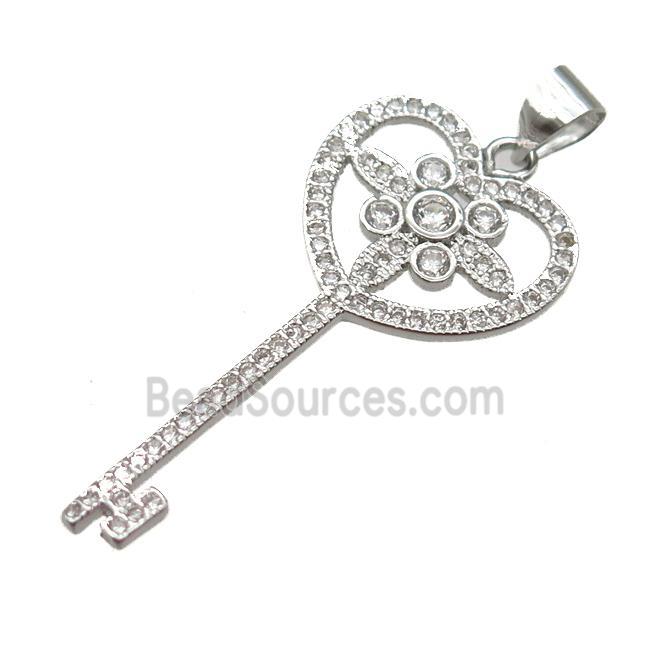 copper Key charm pendant pave zircon, platinum plated