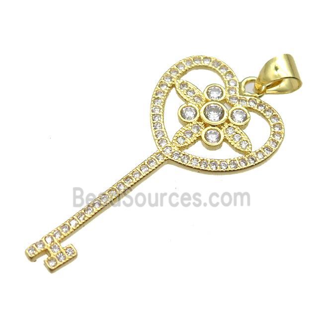 copper Key charm pendant pave zircon, gold plated