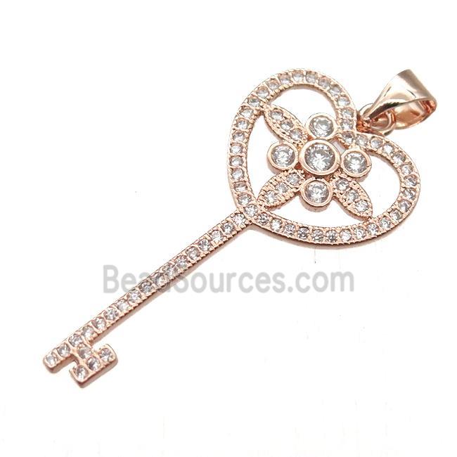 copper Key charm pendant pave zircon, rose gold