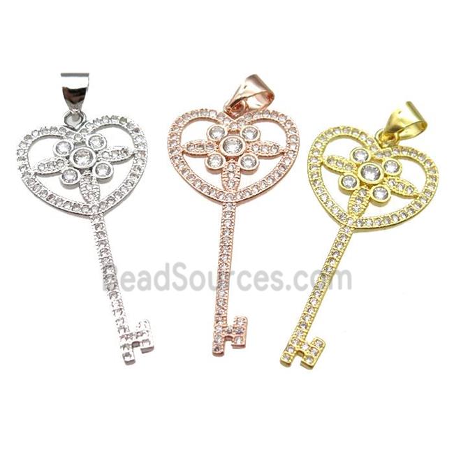 copper Key charm pendant pave zircon, mixed color