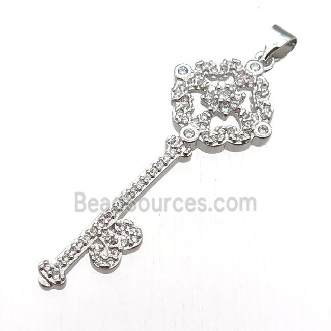 copper Key pendant pave zircon, platinum plated