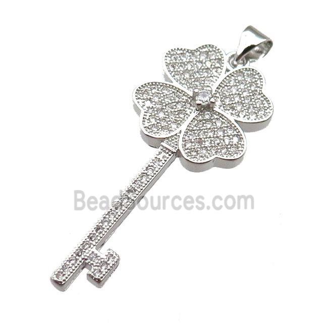 copper Key pendant pave zircon, platinum plated