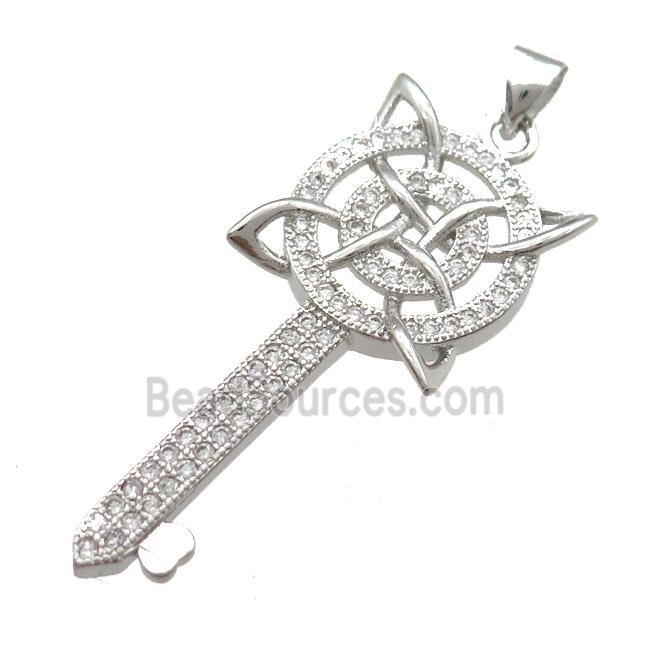 copper Key pendant pave zircon, platinum plated