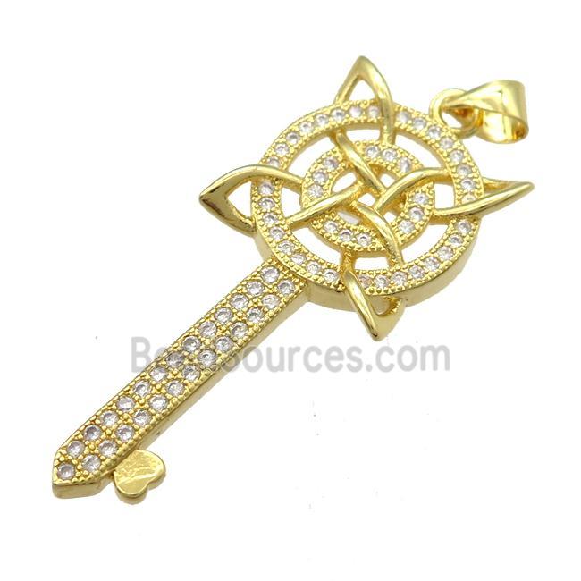 copper Key pendant pave zircon, gold plated