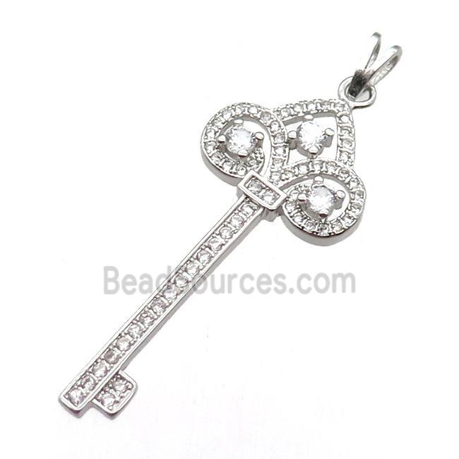 copper Key pendant pave zircon, platinum plated