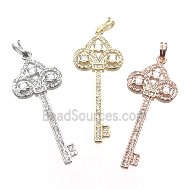 copper Key pendant pave zircon, mixed color