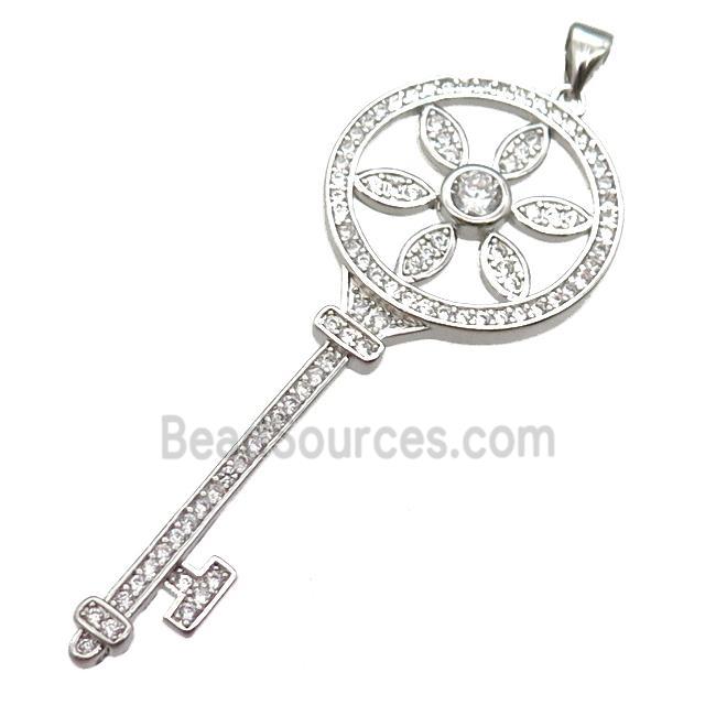 copper Key pendant pave zircon, platinum plated