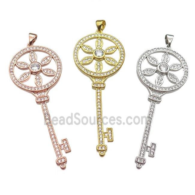 copper Key charm pendant pave zircon, mixed color