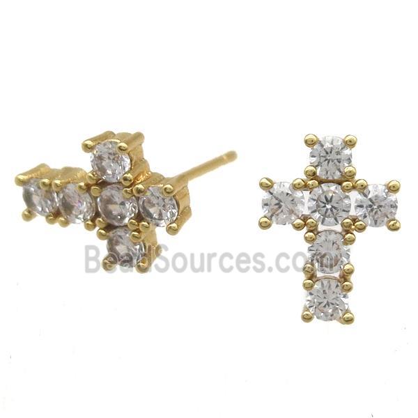 copper studs Earring paved zircon, cross, gold plated