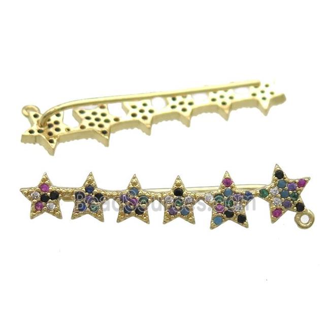 copper brooch paved zircon, star, gold plated