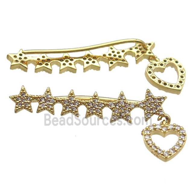 copper star brooch paved zircon, gold plated