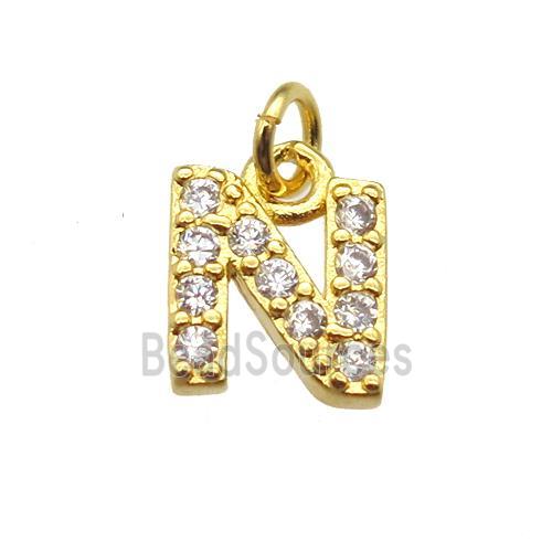 copper letter-N pendant paved zircon, gold plated