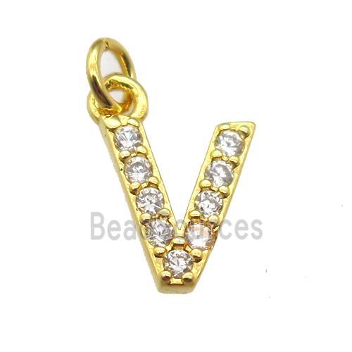 copper letter-V pendant paved zircon, gold plated