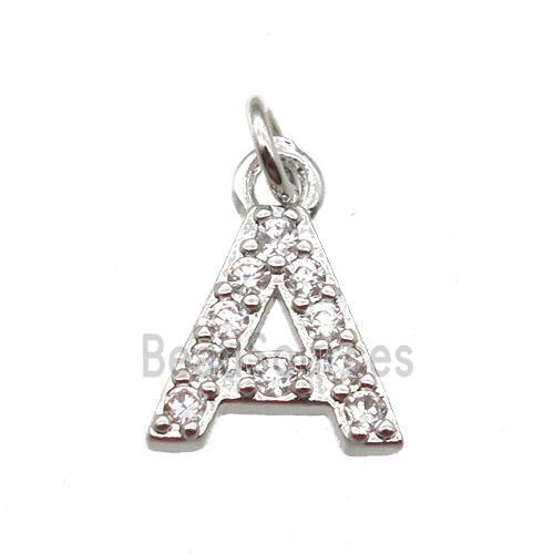 copper letter-A pendant paved zircon, platinum plated