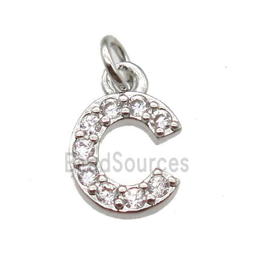 copper letter-C pendant paved zircon, platinum plated