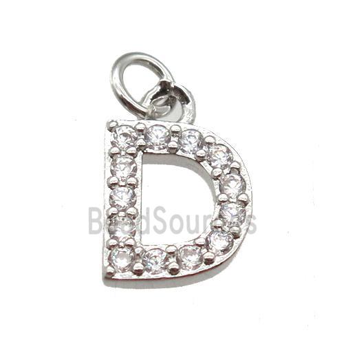 copper letter-D pendant paved zircon, platinum plated