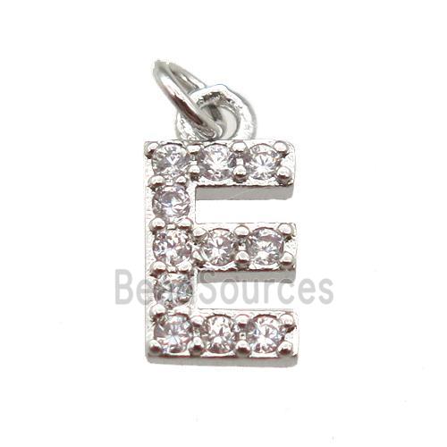 copper letter-E pendant paved zircon, platinum plated