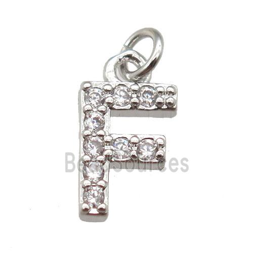 copper letter-F pendant paved zircon, platinum plated