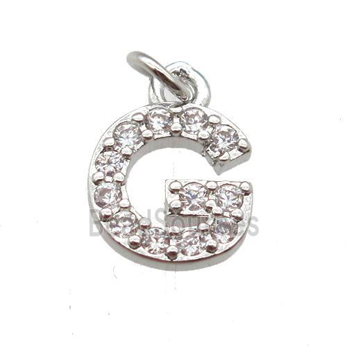 copper letter-G pendant paved zircon, platinum plated