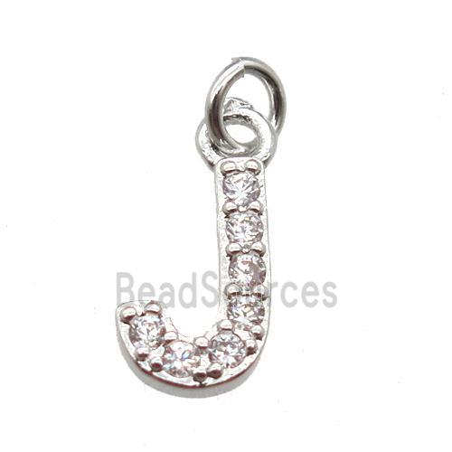 copper letter-J pendant paved zircon, platinum plated