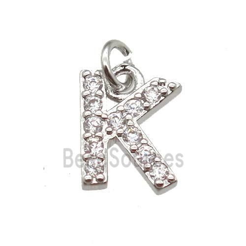 copper letter-K pendant paved zircon, platinum plated