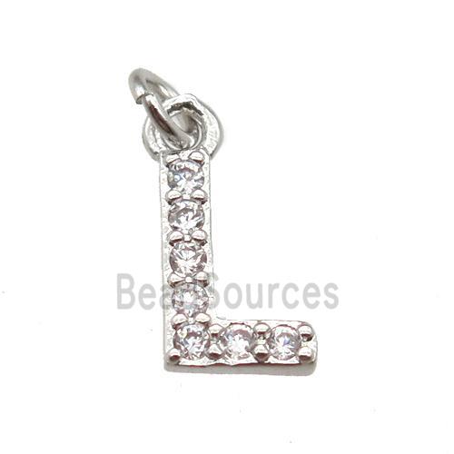 copper letter-L pendant paved zircon, platinum plated