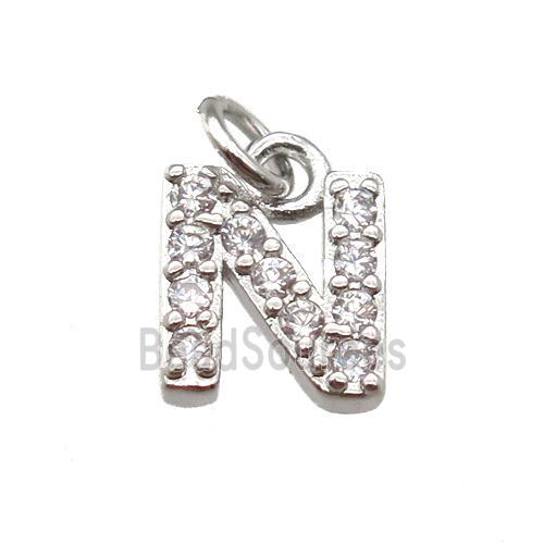 copper letter-N pendant paved zircon, platinum plated