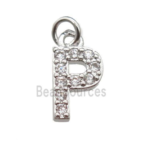 copper letter-P pendant paved zircon, platinum plated