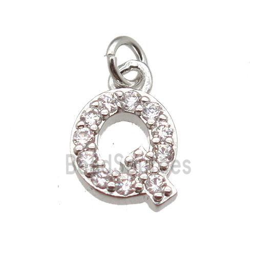 copper letter-Q pendant paved zircon, platinum plated