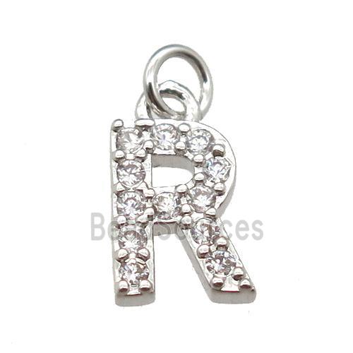 copper letter-R pendant paved zircon, platinum plated