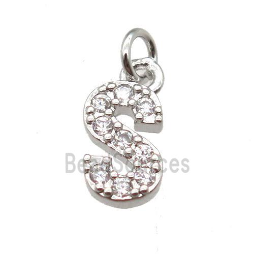 copper letter-S pendant paved zircon, platinum plated