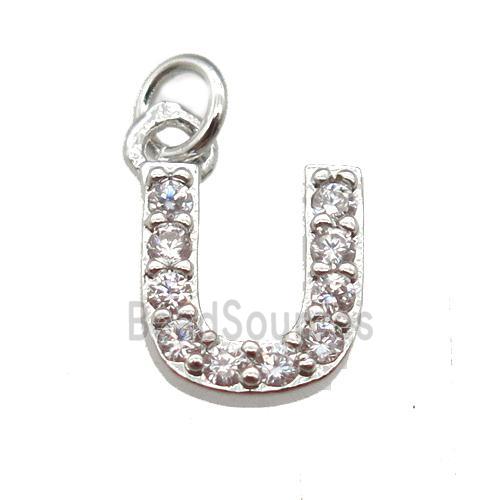 copper letter-U pendant paved zircon, platinum plated