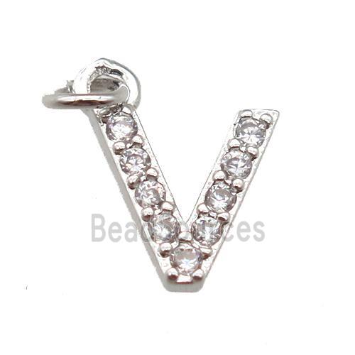 copper letter-V pendant paved zircon, platinum plated