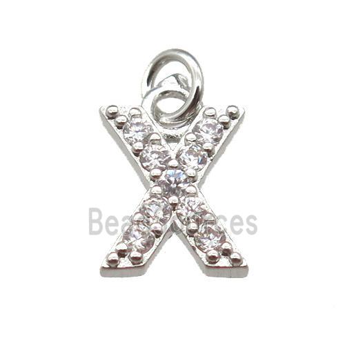 copper letter-X pendant paved zircon, platinum plated