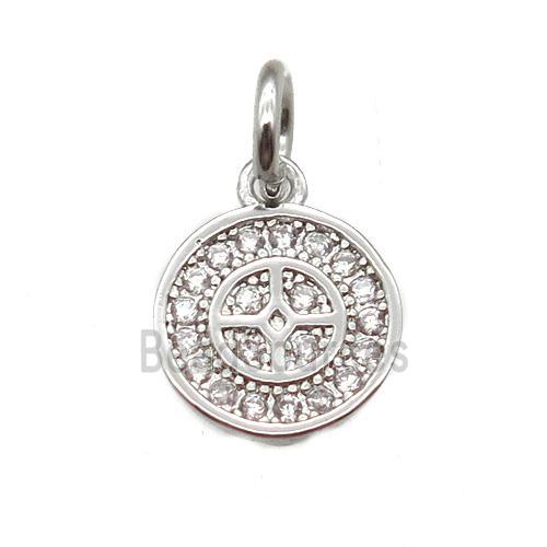 copper circle pendant paved zircon, platinum plated