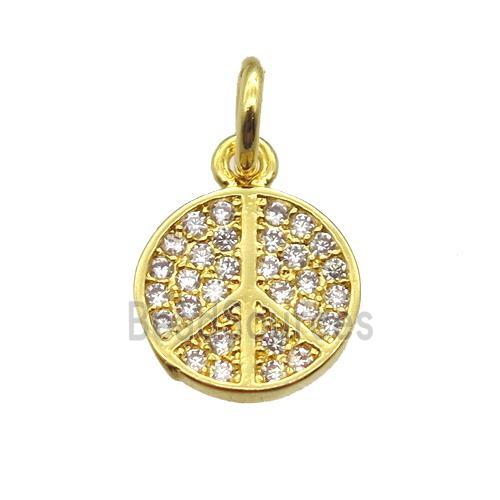 copper pendant paved zircon, peace sign, gold plated